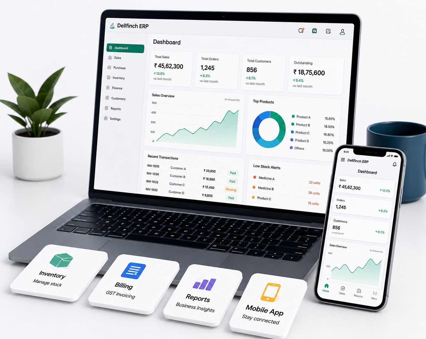 Dellfinch ERP dashboard and mobile business software